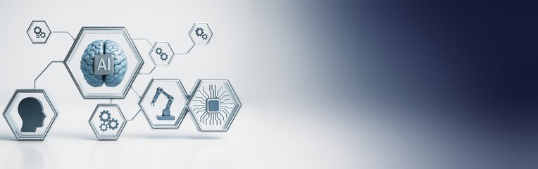 Wall Mural - artificial intelligence brain and technology icons on hexagons with gradient background for innovati