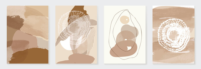Wall Mural - Abstract wall art vector set. Wood and organic shape with brown watercolor texture in earth tone colors. Illustration design for Eco packaging, interior, cover, wall art, wallpaper.