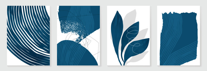 Abstract wall art vector set. Organic shape with blue watercolor texture in earth tone colors. Illustration design for Eco packaging, interior, cover, wall art, wallpaper.