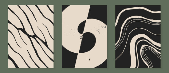 Wall Mural - abstract wall art vector set. organic shape and wavy line with grain texture in monochrome. illustra