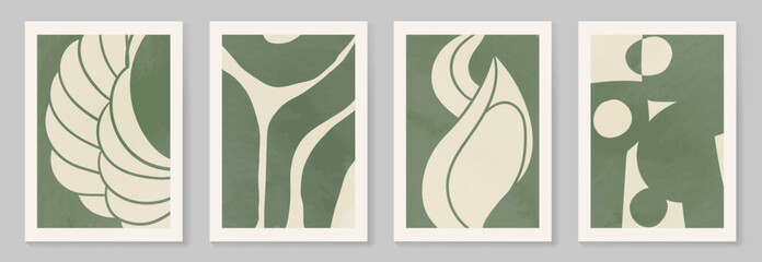 Wall Mural - Abstract wall art vector set. Organic shape and leaves with green watercolor texture in earth tone colors. Illustration design for Eco packaging, interior, cover, wall art, wallpaper.