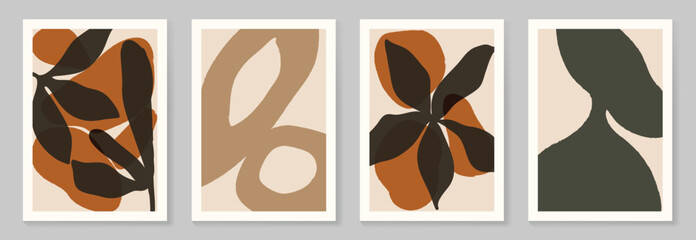 Wall Mural - Abstract wall art vector set. Organic shape and leaves with watercolor texture in earth tone colors. Illustration design for Eco packaging, interior, cover, wall art, wallpaper.