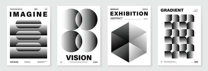 Wall Mural - Abstract monochrome poster background vector set. Modern cover template with black and white perspective geometric prism shape. Ideal design for social media, banner, ads.