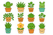 © Jane - Kawaii potted plants characters set. Cute smiling succulents, cactus, and houseplants in pots. Vector cartoon illustration collection. Happy friendly plant faces for stickers.