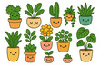 © Jane - Set of cute kawaii plant characters. Houseplants in pots with funny smiling faces. Cartoon vector collection of succulent, cactus, flower. Mascot icon pack for sticker design.