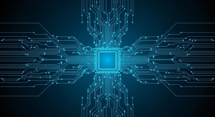 Futuristic circuit board design with glowing blue lines and central processing unit