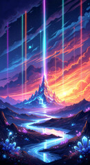 Wall Mural - Glittering crystal mountains and liquid light river energy beams piercing the horizon