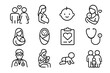 © Bruno - Family and maternity line icon set. Pregnancy, newborn baby, and parenting symbols. Health care, medical checkup, doctor, and childcare vector outline icons collection.