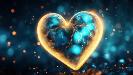 Wall Mural - glowing heart with electric blue and golden light cracks, sparkling particles creating magical vibra