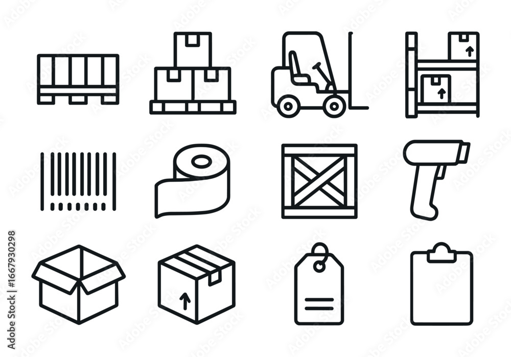 Warehouse Icon Grid. Outline icon set of warehouse storage: pallet ...