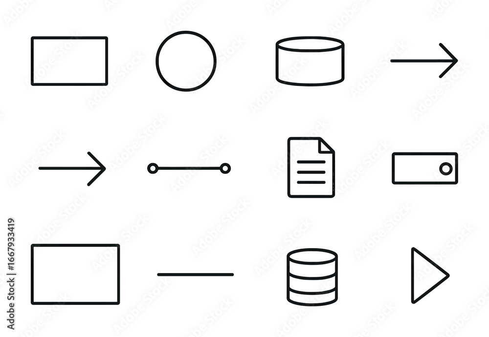 Data Flow Icons Grid. Outline icon set of data flow diagrams: process ...
