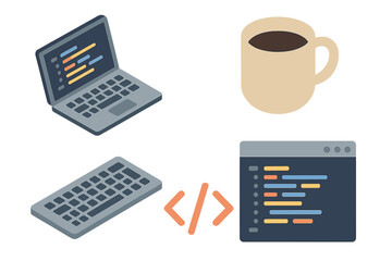 Coding and programming isometric icon set. Software development concept. Laptop with code, keyboard, coffee mug and IDE window. Vector flat design illustration for web.