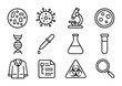 © Tania - Microbial Evolution Icons. Outline icon set of Research on microbial evolution: bacterial colony, virus