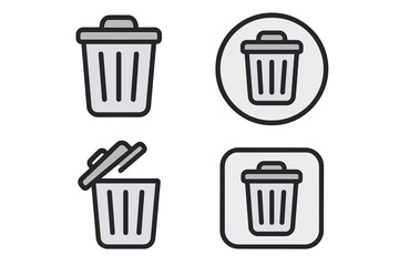 Wall Mural - Set of four clean and modern trash bin icons, dustbin and waste symbol, delete and garbage sign, vector cartoon illustrations with transparent background, organized icon set 3