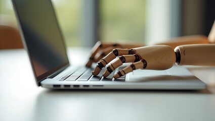 Ai wooden hands typing on laptop keyboard concept of automation and technology