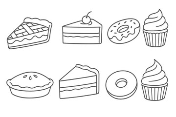 Set of dessert icons. Minimalist line art with pie, cake slice, donut, cupcake. Sweet bakery food, pastry. Simple outline drawing for menu. Confectionery vector illustration.