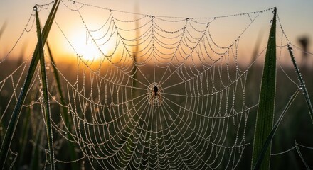 Dew drops on a spider web at sunrise with a spider in the center.