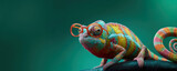 chameleon wearing sunglasses on a solid color background, vector art, digital art, faceted, minimal, abstract, panorama background.