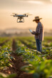 © Shooting Star Std - An agricultural scientist studying crops in a sunlit field. A drone hovers overhead capturing data