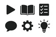 © Marie - How-to and tutorial solid glyph icon collection. Set of vector symbols for user guide, instruction manual, knowledge, and e-learning. Includes play, book, checklist, gear, idea.
