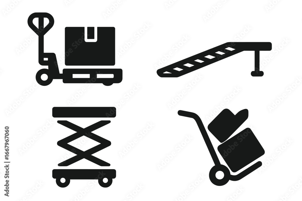 Material handling equipment icon set. Solid glyph icons for logistics ...