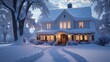 © VisualVibe - Charming Winter Cottage Surrounded by Snow with Aglow Windows from Warm Candlelight,A snow-covered road leads to a nice vacation cottage with a burning hearth.
