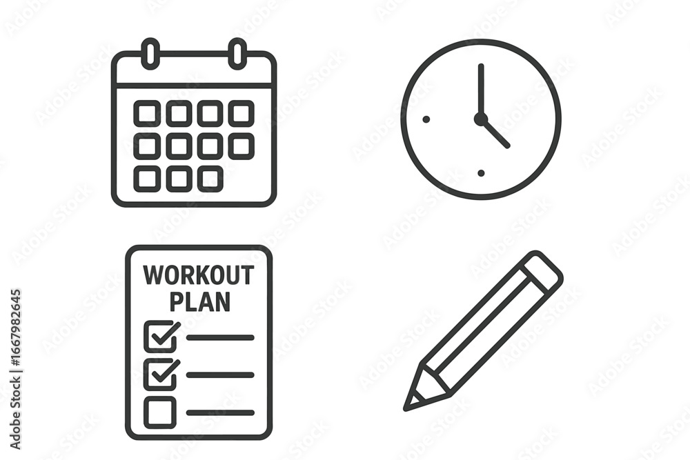 Plan Exercise Icon Training plan icon set. Workout schedule and fitness routine concept ...