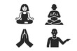 © BrunoStudio - Yoga icon set with solid filled design, featuring yoga instructors and students practicing meditation, seated on mats, hands in namaste gesture, calm mindfulness poses in vector illustration