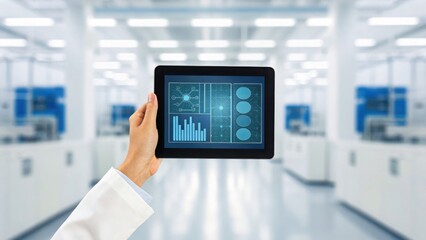 Person Holding Control Tablet with Coded Commands and Data Display