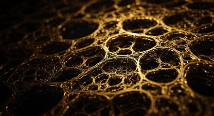 An abstract macro shot of a glowing, interconnected golden network with an intricate, scientific texture.