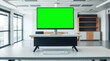 © Hani - Office Workspace with Computer Monitor Displaying Green Screen for Chroma Keying, Film and Video Production Editing, Digital Background Replacement, and Professional Visual Effects Applications.