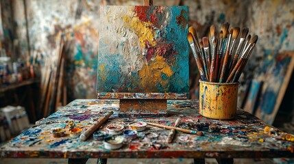 creative workspace backdrop of messy artist desk with brushes and paints, diffused natural lighting, energetic mood, playful texture