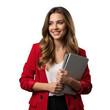 © MuftiMejbaur - Professional woman in red blazer holding notebook smiling confidently in studio portrait transparent background