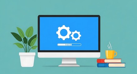 desktop computer displaying software update with gears and progress bar