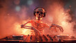 © Oleksandr - Skeleton dj wearing headphones mixes music on a dj mixer in a nightclub filled , creating a vibrant and spooky atmosphere for the halloween party