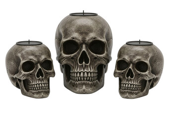 Three skull candle holders isolated on transparent background