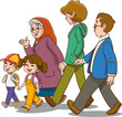 © serkan - Big family walking together on the street vector illustration. Cute grandparents, parents and children spending time outdoors in isolation. Elderly people, adults and young relatives enjoying a walk