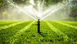 © rizqiono - A close-up view of a sprinkler watering a vibrant green lawn.