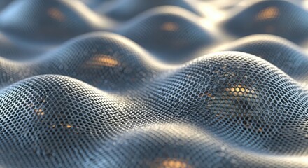 3d illustration of closeup of a textured, wavy metallic surface with a grid pattern, reflecting light and creating a futuristic feel