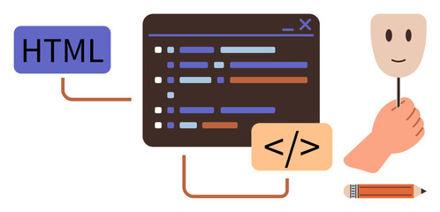 Programming window, HTML tag, pencil, and hand holding mask to signify coding, user interface, anonymity, or digital identity. Ideal for programming, web development creativity cybersecurity
