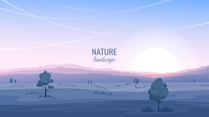 Wall Mural - foggy mountain landscape. hills with trees and bushes and mountain ranges at sunset. vector illustra