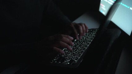 Close-up hand Male programmer wearing glasses works late at night with green code reflecting on his lenses, focusing on software development, coding, and cybersecurity analysis.