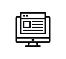 Line art illustration of a desktop computer displaying a simple webpage layout with text blocks and image placeholder. Bold monochrome outlines on white background, ideal for web design and digital pr