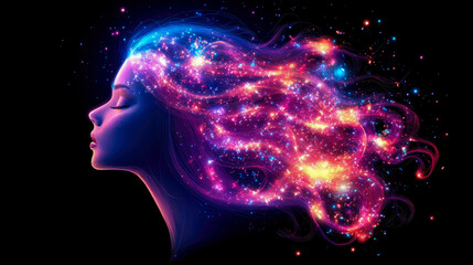 Wall Mural - Ethereal profile of serene woman with radiant, cosmic mind, her flowing hair transformed into vibrant galaxy of starlight and luminous energy