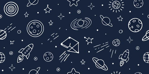 Seamless Space Pattern with Planets Rockets Stars and Constellations