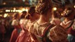 © GoshaMovies - Women in traditional dirndl dresses with braided hair at a German folk festival. The view from behind highlights the authentic costumes and festive atmosphere of a cultural celebration like Oktoberfes