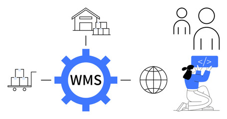 Gear labeled WMS connecting warehouse, cart, coding professional, team, and globe. Ideal for logistics, technology, teamwork, supply chain online tools warehouse system simple landing page