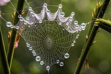 Dewdrops adorn a delicate spiderweb like a crown