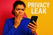 © Render Republic - Shocked woman reacting to privacy leak on phone. Use for online fraud prevention, cybersecurity campaigns, IT safety visuals, or data breach awareness.