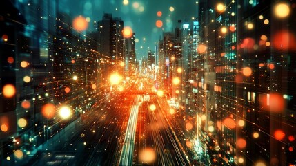 Wall Mural - A glowing city backdrop with dynamic light lines and bokeh effect, ideal for technological presentations and creative projects.